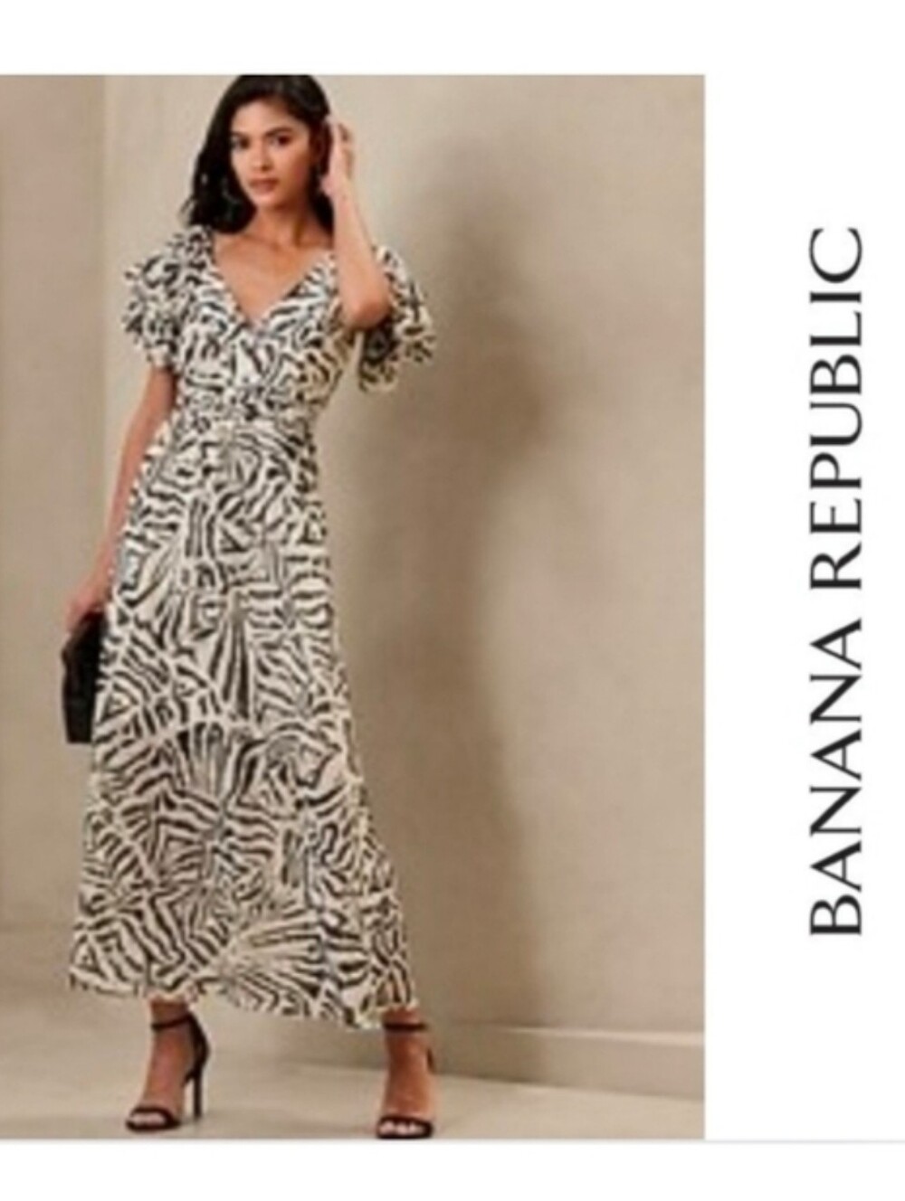 NWT {Banana Republic} NWT Ruffle-Sleeve Maxi Dress in Black Print